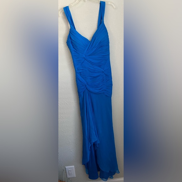 NWT, Designer 100% Silk Chiffon Blue Hi Lo Hem Evening Gown Dress, Size 8 - Picture 2 of 16